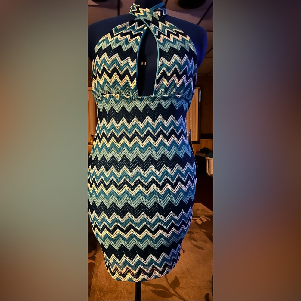 Almost Famous women’s crochet halter dress backless Size-L NEW Multicolor blue